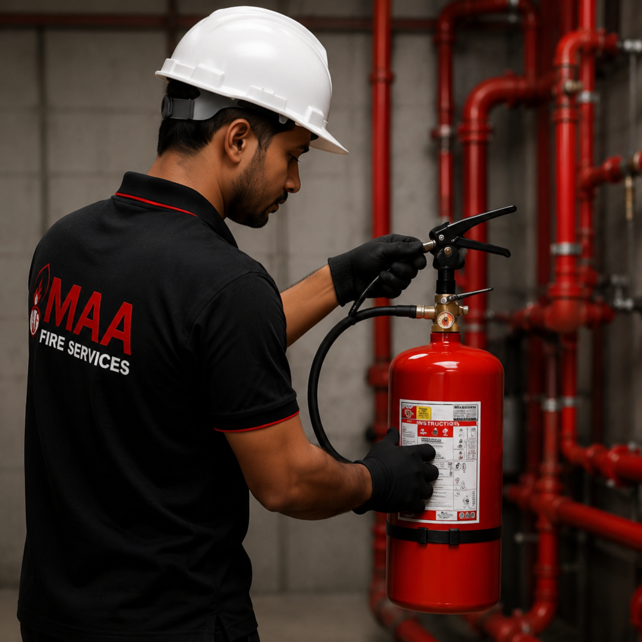 Technician refilling extinguisher